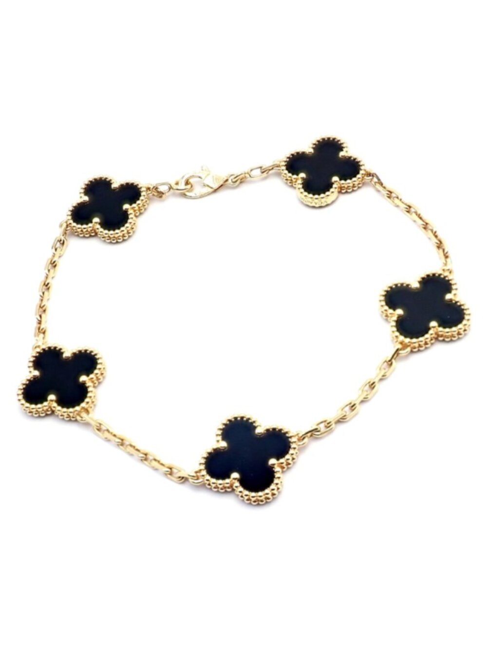 Authentic! Van Cleef & Arpels 18k Yellow Gold 5 Motif Onyx Alhambra Bracelet